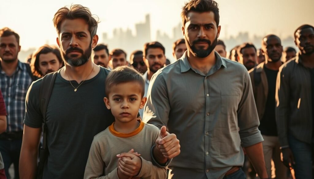 A group of diverse men and boys stand united, facing forward with determination. In the foreground, a father and son clasp hands, their expressions resolute as they champion the cause of gender equality. Behind them, a collection of men of varying ages and backgrounds march in solidarity, their body language conveying a shared sense of purpose. The scene is bathed in warm, golden light, creating an atmosphere of hope and progress. In the background, a cityscape stretches out, a symbol of the broader societal change these men seek to enact. The overall composition is powerful, capturing the crucial role men and boys play in advancing gender equality in the modern world.
