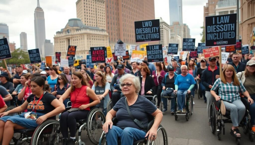 A large crowd of protesters marching with signs and banners, demanding disability rights and inclusion. In the foreground, a group of wheelchair users leading the charge, their faces determined and resolute. In the middle ground, a diverse array of people with various disabilities - from canes and walkers to guide dogs and mobility scooters - united in their cause. The background features a cityscape, with towering buildings and a bright, overcast sky, conveying a sense of urgency and public awareness. The lighting is natural, with a sense of dynamism and movement captured through a wide-angle lens. The overall mood is one of empowerment, solidarity, and the relentless pursuit of equality. A large crowd of protesters marching with signs and banners, demanding disability rights and inclusion. In the foreground, a group of wheelchair users leading the charge, their faces determined and resolute. In the middle ground, a diverse array of people with various disabilities - from canes and walkers to guide dogs and mobility scooters - united in their cause. The background features a cityscape, with towering buildings and a bright, overcast sky, conveying a sense of urgency and public awareness. The lighting is natural, with a sense of dynamism and movement captured through a wide-angle lens. The overall mood is one of empowerment, solidarity, and the relentless pursuit of equality.