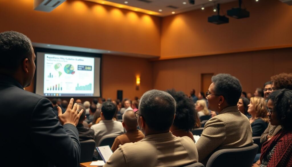 A lively debate on reparations policy solutions unfolds in a well-lit auditorium. In the foreground, panelists engaged in thoughtful discussion, gesturing animatedly. The middle ground features a diverse audience, some nodding in agreement, others leaning forward intently. The background showcases a large projection screen displaying charts, graphs, and statistics related to the topic. Warm, directional lighting casts a sense of earnestness and gravity over the scene. The overall atmosphere conveys a serious, intellectual discourse on this complex and contentious issue.
