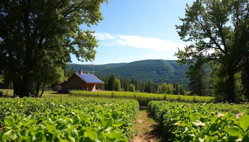 A lush, sun-dappled landscape showcasing the White Earth Land Recovery Project's sustainable development initiatives. In the foreground, rows of thriving organic crops sway gently in a light breeze. A small, rustic cabin nestled among native wildflowers stands in the middle ground, its solar panels and wind turbine gleaming. In the background, rolling hills covered in dense, verdant forests stretch towards a cloudless, azure sky. The scene exudes a harmonious balance between human habitation and the natural world, reflecting the project's commitment to environmental preservation and indigenous self-determination.