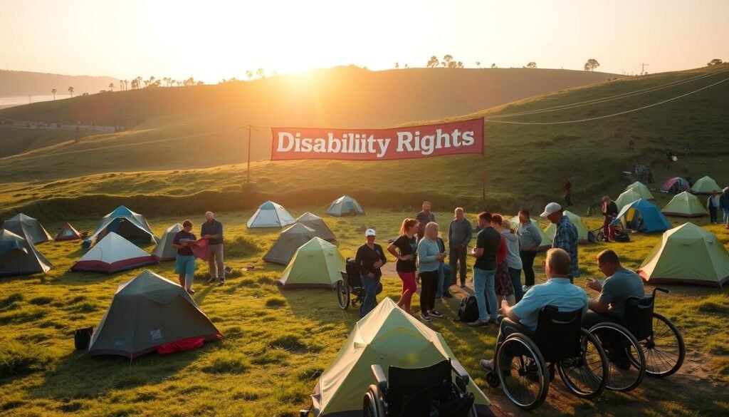 A lush, verdant campsite nestled in a rolling landscape. Tents dotting the terrain, each a symbol of unity and resilience. Campers gather in small groups, engaged in animated discussions, hands gesturing as they share their stories. The sun casts a warm glow, illuminating the scene with a sense of determination and camaraderie. In the distance, a large banner unfurls, its message of "Disability Rights" a bold declaration of the camp's purpose. Wheelchairs and mobility aids dot the scene, their users navigating the terrain with ease, a testament to the camp's commitment to accessibility and inclusion. The overall mood is one of empowerment, where the voices of the disability community ring out, shaping a future of equal rights and opportunities. A lush, verdant campsite nestled in a rolling landscape. Tents dotting the terrain, each a symbol of unity and resilience. Campers gather in small groups, engaged in animated discussions, hands gesturing as they share their stories. The sun casts a warm glow, illuminating the scene with a sense of determination and camaraderie. In the distance, a large banner unfurls, its message of "Disability Rights" a bold declaration of the camp's purpose. Wheelchairs and mobility aids dot the scene, their users navigating the terrain with ease, a testament to the camp's commitment to accessibility and inclusion. The overall mood is one of empowerment, where the voices of the disability community ring out, shaping a future of equal rights and opportunities.
