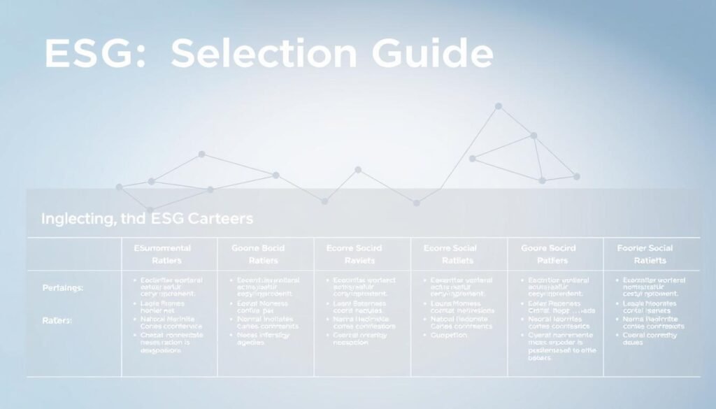 A modern, minimalist infographic showcasing a selection guide for ESG (Environmental, Social, and Governance) ratings. In the foreground, a clean grid layout displays different ESG rating providers and their key attributes. The middle ground features abstract geometric shapes and line work, representing the interconnected nature of ESG factors. The background has a subtle gradient, conveying a sense of professionalism and authority. Soft, indirect lighting creates depth and highlights the informative content. The overall aesthetic is sleek, data-driven, and designed to aid decision-makers in navigating the complex world of ESG ratings.