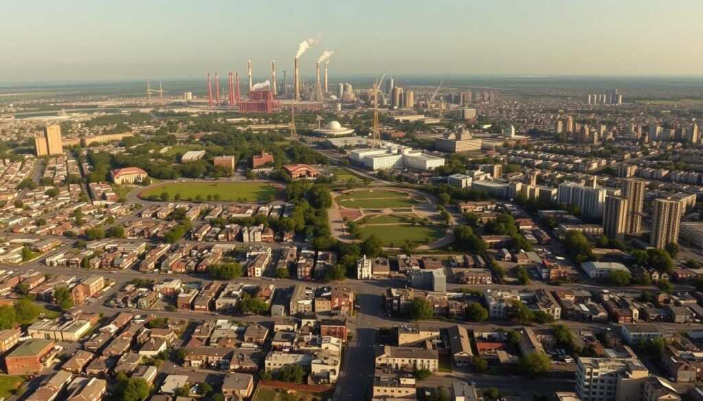 A panoramic aerial view of a diverse urban landscape, capturing stark contrasts in environmental conditions. In the foreground, a densely populated low-income neighborhood with dilapidated housing, polluted air, and lack of green spaces. In the middle ground, a wealthier district with manicured parks, pristine buildings, and clean streets. The background reveals towering industrial complexes, billowing smokestacks, and a hazy horizon, suggesting the uneven distribution of environmental burdens. The lighting is harsh, casting long shadows and highlighting the disparities. The overall tone is somber, conveying a sense of inequality and the need for environmental justice.