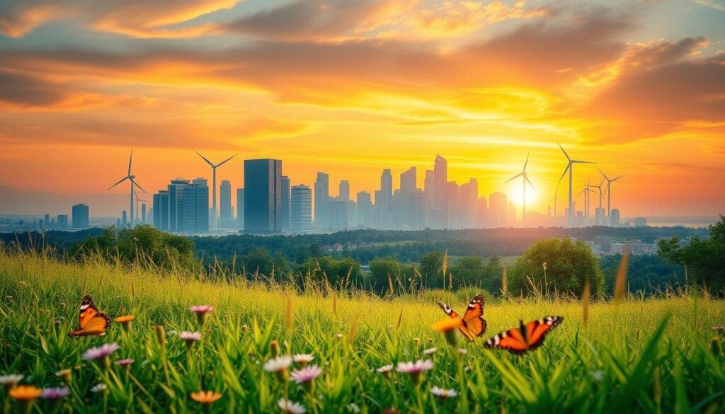 A panoramic landscape depicting the evolution and growing importance of ESG (Environmental, Social, Governance). In the foreground, a lush, verdant meadow with wildflowers and butterflies, symbolizing environmental sustainability. In the middle ground, a modern city skyline with gleaming glass skyscrapers and wind turbines, representing the integration of social and governance principles in business. In the background, a vibrant sunset sky, casting a warm, hopeful glow over the scene. The lighting is soft and diffused, creating a sense of tranquility and progress. The camera angle is slightly elevated, providing a sweeping, comprehensive view of the ESG ecosystem. The overall mood is one of optimism, balance, and a harmonious future where environmental, social, and governance factors converge to drive positive change.