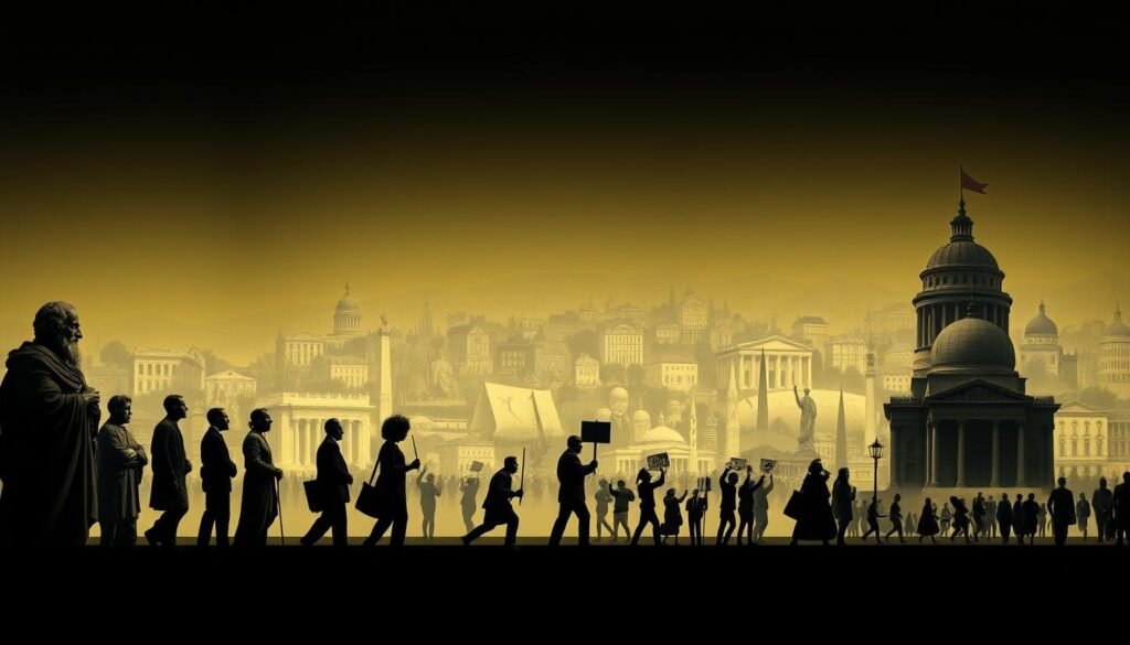 A panoramic view of a timeline unfurling, showcasing the gradual evolution of equity principles throughout history. In the foreground, a series of symbolic figures representing key milestones - from ancient philosophers to modern civil rights leaders, each meticulously rendered in a chiaroscuro style. The middle ground features a tapestry of historical events and social movements, captured in a seamless blend of realism and impressionism. In the background, a softly-lit landscape of iconic landmarks and architectural elements, creating a sense of depth and historical context. The overall mood is one of contemplation, inviting the viewer to reflect on the hard-fought journey towards a more equitable society.