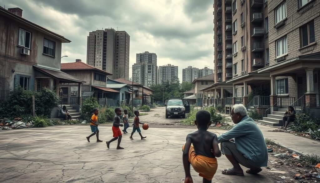 A rundown urban neighborhood with dilapidated houses, overgrown weeds, and litter-strewn sidewalks. Gloomy overcast sky casts a somber mood. In the foreground, a group of children play on a cracked concrete basketball court, their faces etched with the strain of poverty. Elderly residents sit listlessly on sagging porches, a sense of resignation in their postures. Towering apartment blocks loom in the background, their windows dark and lifeless. The scene conveys the stark realities of geographic inequality, where certain communities are trapped in a cycle of neglect and deprivation.