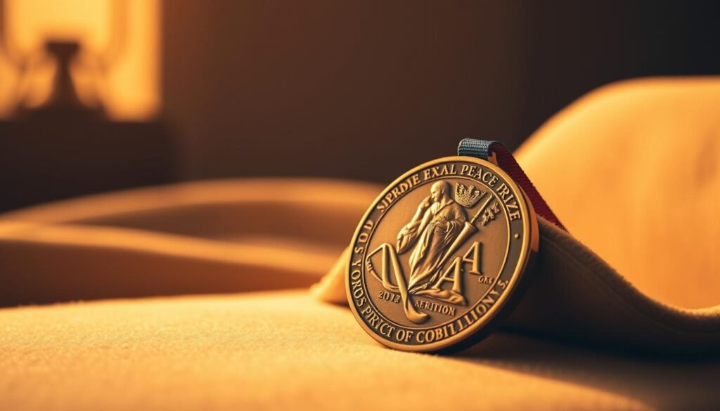 A serene, dignified scene of the Nobel Peace Prize medal, captured in a warm, golden light. The medal rests on a plush, velvet-lined surface, its intricate design and gleaming finish reflecting the significance and prestige of this prestigious award. In the background, a muted, elegant backdrop suggests a sense of reverence and importance, creating a sense of gravity and solemnity befitting the honor it represents. The composition is balanced and thoughtfully framed, inviting the viewer to appreciate the sheer weight and impact of this global recognition.