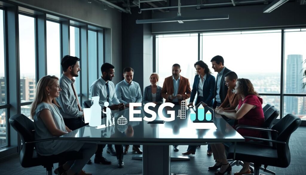 A serene, well-lit office setting with natural light filtering through large windows. In the foreground, a group of diverse stakeholders - executives, employees, and community members - are engaged in a collaborative discussion around a sleek conference table. Their expressions convey a sense of trust, understanding, and shared purpose. In the middle ground, abstract visual elements symbolize the core tenets of ESG (environmental, social, governance) principles, such as sustainability, social responsibility, and ethical decision-making. The background features a cityscape, suggesting the broader societal impact of the company's ESG initiatives. The overall mood is one of optimism, transparency, and a shared commitment to long-term value creation.