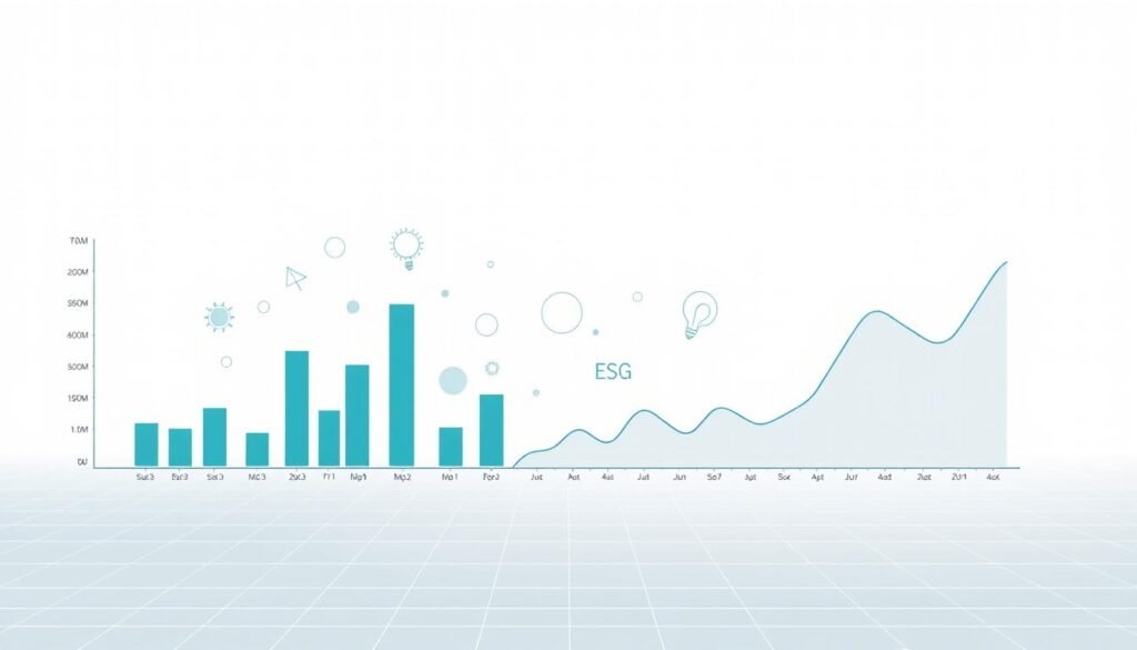 A sleek, minimalist business infographic depicting the performance measurement of ESG (Environmental, Social, and Governance) ratings. In the foreground, a series of bar charts and line graphs illustrate the quantifiable metrics of ESG compliance, risk scores, and benchmark comparisons. The middle ground features abstract geometric shapes and icons symbolizing the various ESG factors. The background is a clean, white space with a subtle grid pattern, conveying a sense of precision and data-driven analysis. The overall tone is sophisticated, data-driven, and visually compelling, perfectly suited to accompany the article's section on "Measuring Performance: ESG Ratings, Risk Scores, and Benchmarks".