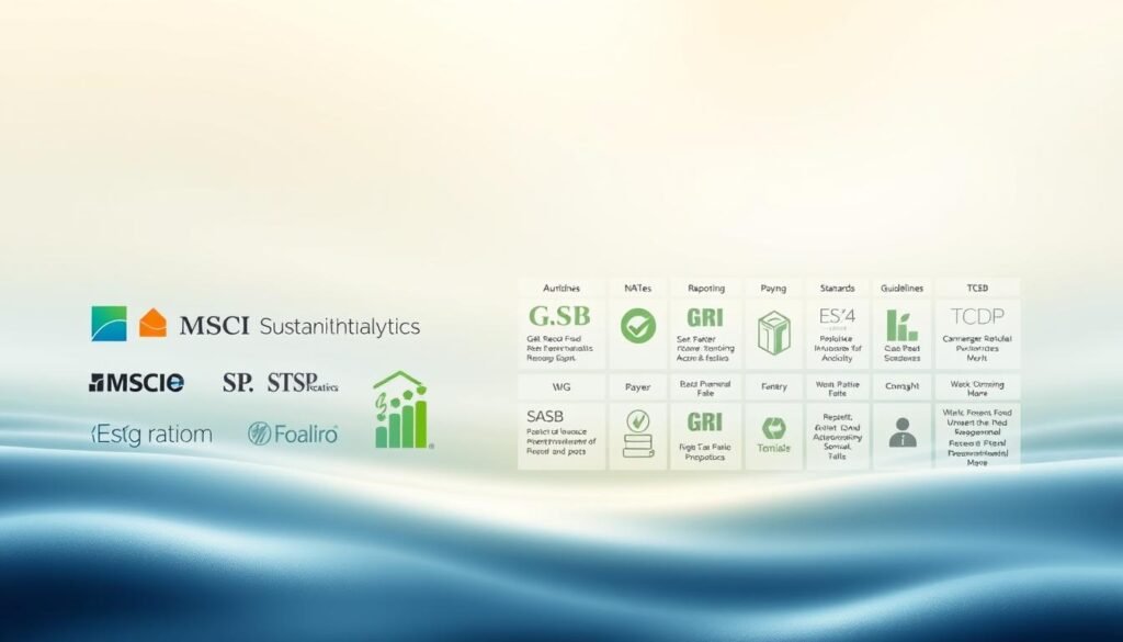 A sleek, minimalist illustration showcasing the key ESG rating agencies and frameworks. In the foreground, a clean, modern design features the logos of leading ESG rating providers such as MSCI, Sustainalytics, S&P, and FTSE. The middle ground depicts various ESG reporting standards and guidelines, including the GRI, SASB, and TCFD, elegantly arranged in a grid layout. The background is a serene, gradient-filled environment, with a subtle, metallic sheen conveying the authoritative and reliable nature of these ESG evaluation systems. The overall composition is balanced, with a touch of sophistication, highlighting the importance and interconnectedness of these frameworks in the world of sustainable finance.