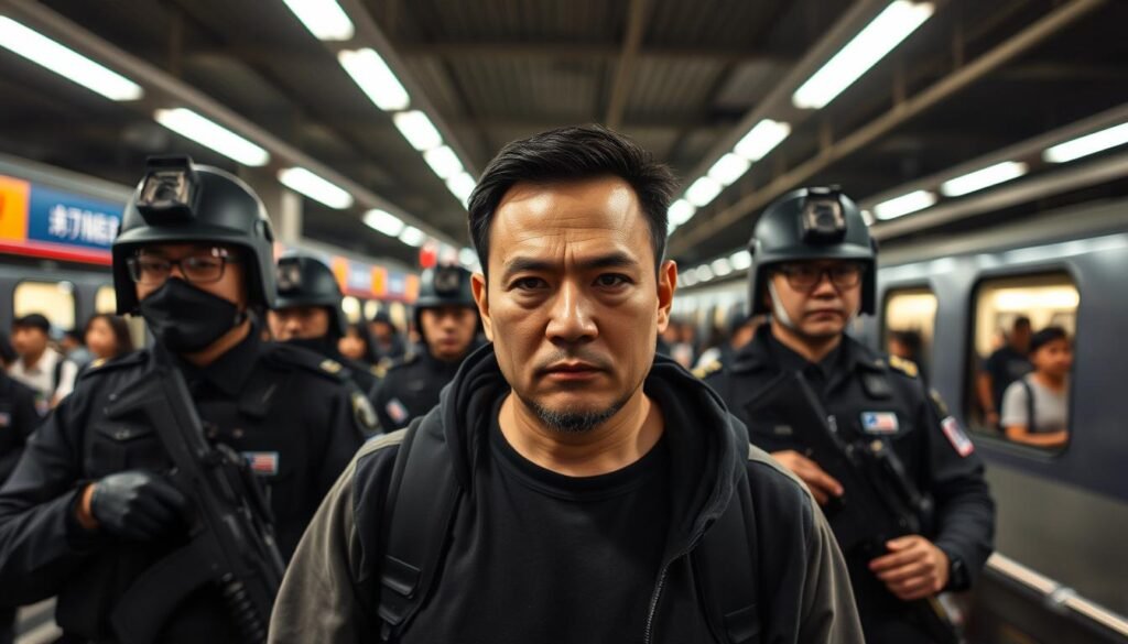 A stern-faced Hong Kong activist stands at a border crossing, surrounded by armed security personnel escorting them onto a train bound for mainland China. The harsh fluorescent lighting casts deep shadows, heightening the sense of tension and unease. In the background, the bustling commotion of the station fades into a blur, highlighting the activist's isolation and vulnerability. The image conveys the activist's defiant yet resigned expression, captured in a moment of forced relocation, a poignant symbol of the ongoing struggle for democracy in Hong Kong.