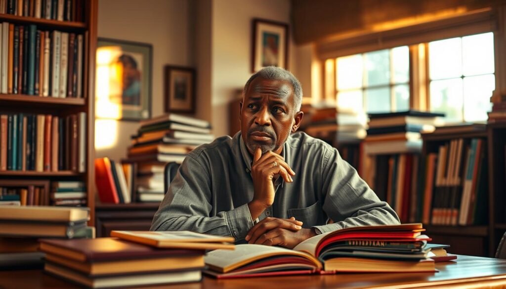 A thoughtful, middle-aged Nigerian man with a pensive expression, seated at a desk surrounded by a collection of his literary works. The desktop is illuminated by warm, natural light streaming through a window, casting a cozy glow. Bookshelves line the walls, hinting at the breadth of his intellectual pursuits. The man's gaze is contemplative, reflecting the weight of his literary legacy and the social issues he championed through his writings. An atmosphere of quiet contemplation and artistic dedication pervades the scene. A thoughtful, middle-aged Nigerian man with a pensive expression, seated at a desk surrounded by a collection of his literary works. The desktop is illuminated by warm, natural light streaming through a window, casting a cozy glow. Bookshelves line the walls, hinting at the breadth of his intellectual pursuits. The man's gaze is contemplative, reflecting the weight of his literary legacy and the social issues he championed through his writings. An atmosphere of quiet contemplation and artistic dedication pervades the scene.