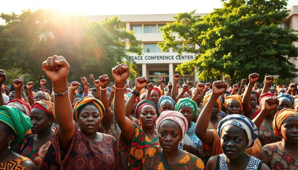A throng of women in colorful traditional dresses and head wraps gather in front of the Peace Conference Center in Accra, Ghana, their fists raised in solidarity. The sun casts a warm glow, illuminating the scene. In the foreground, a group of impassioned protesters march, their faces etched with determination. In the middle ground, a backdrop of lush, verdant trees frames the building, symbolizing the hope for a peaceful resolution. The atmosphere is charged with energy and purpose, as these women demand to be heard, their voices carrying the weight of their nation's struggle for reconciliation.