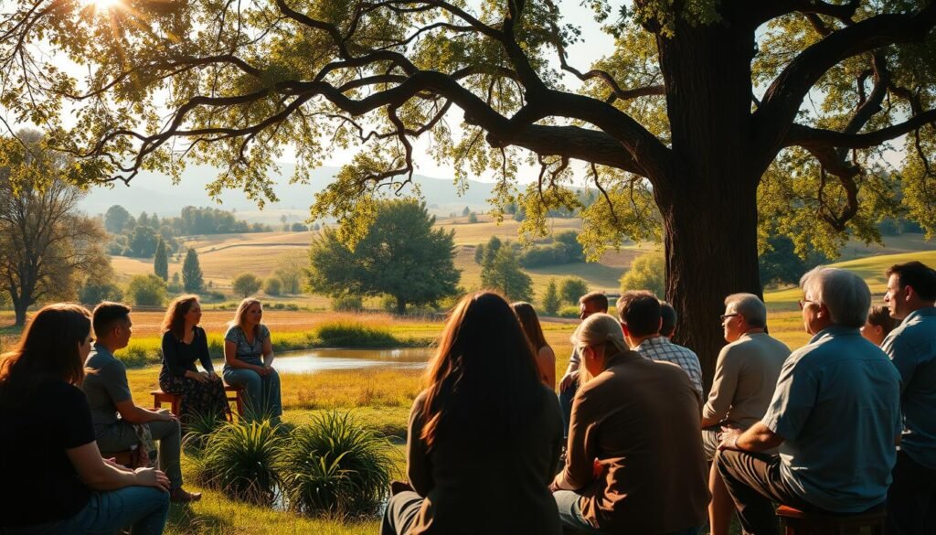 A vibrant and emotive scene of a trauma healing reconciliation program, set against the backdrop of a tranquil pastoral landscape. In the foreground, a diverse group of individuals seated in a circle, their faces etched with deep contemplation as they engage in a restorative dialogue. Soft, warm lighting filters through the branches of towering trees, casting a gentle glow over the proceedings. The middle ground features a serene pond, its still waters reflecting the verdant foliage and the silhouettes of the participants, symbolizing the journey of healing and inner peace. In the distance, rolling hills and a clear sky evoke a sense of hope and possibility, as the community comes together to confront the legacy of trauma and work towards reconciliation.