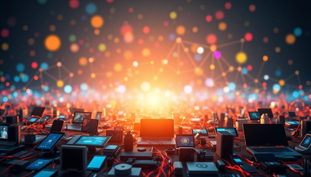 A vibrant and interconnected digital landscape, showcasing the core components of digital inclusion. In the foreground, a diverse array of digital devices - smartphones, tablets, laptops, and desktops - symbolizing accessible technology. In the middle ground, a network of interconnected nodes and data flows, representing the infrastructure that enables digital connectivity. In the background, a spectrum of colors and shapes, conveying the idea of digital literacy, skills, and empowerment. Soft, diffused lighting casts a warm, inviting glow, emphasizing the inclusive and accessible nature of this digital ecosystem. Captured with a wide-angle lens to encompass the breadth and depth of digital inclusion components.