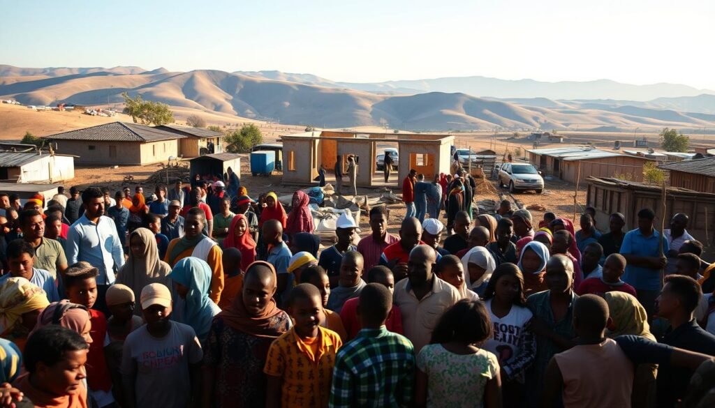 A vibrant community gathering, the foreground depicts a diverse group of individuals working together to rebuild homes, with warm lighting casting a welcoming glow. In the middle ground, a partially constructed building stands, surrounded by piles of building materials and tools, symbolizing the ongoing restoration efforts. The background showcases the scenic landscape, with rolling hills and a clear blue sky, creating a sense of hope and resilience. The overall composition conveys a spirit of collaboration, determination, and a collective commitment to Nadia's Initiative, a testament to the power of community-driven rebuilding.
