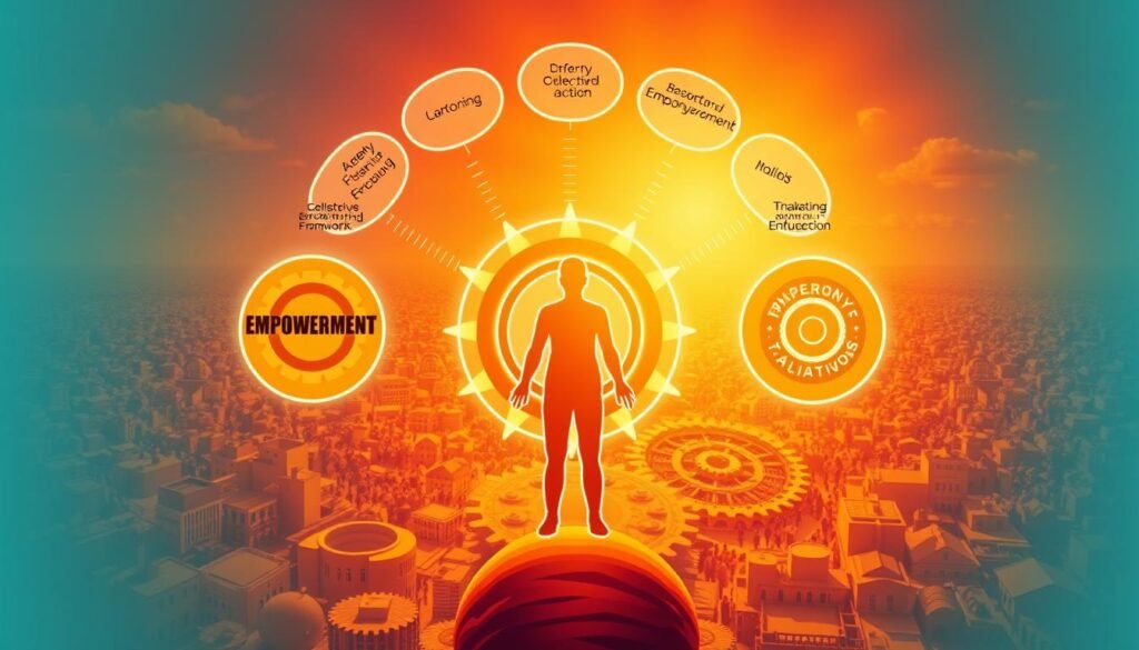A vibrant, digitally-rendered illustration depicting the core components of a social empowerment framework. In the foreground, a central figure representing the empowered individual, surrounded by radiating elements symbolizing core principles such as agency, self-efficacy, and collective action. In the middle ground, interconnected gears and cogs representing the systemic and institutional factors enabling empowerment, including access to resources, supportive policies, and community networks. In the background, a dynamic, kaleidoscopic landscape of diverse communities, showcasing the broad reach and transformative potential of the empowerment framework. The overall composition conveys a sense of balance, momentum, and the holistic nature of the empowerment process, illuminated by warm, golden lighting and a crisp, high-resolution rendering style.