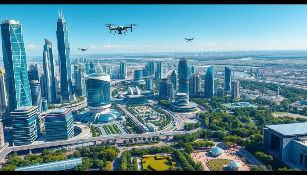 A vibrant, futuristic cityscape bathed in shimmering azure light, with towering skyscrapers constructed from gleaming eco-friendly materials. In the foreground, a sprawling network of sustainable energy grids and transportation hubs, powered by advanced solar panels and wind turbines. Hovering above the city, a fleet of autonomous electric vehicles and drones, seamlessly integrated into the urban landscape. The middle ground features lush, verdant parks and gardens, with people engaged in activities promoting environmental conservation. In the background, a distant horizon filled with renewable energy infrastructure, symbolizing the embrace of a sustainable future. The entire scene conveys a sense of innovation, progress, and a harmonious balance between technology and nature.