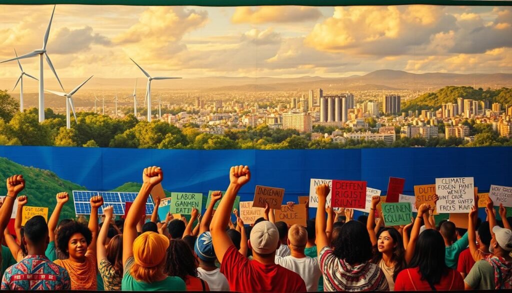 A vibrant, intersectional tapestry depicting the interconnected struggles for climate justice and global social equity. In the foreground, diverse figures locked in solidarity, raising their fists against a backdrop of renewable energy sources - wind turbines, solar panels, and lush greenery. The middle ground showcases a collage of protest signs, each conveying a unique facet of the movement: indigenous rights, labor activism, gender equality, and more. In the distance, a panoramic view of a thriving, sustainable cityscape bathed in warm, golden light, symbolizing the harmonious future these movements strive to achieve. The composition is dynamic, the colors rich and vibrant, capturing the urgency and hope of the intersectional climate justice movement.