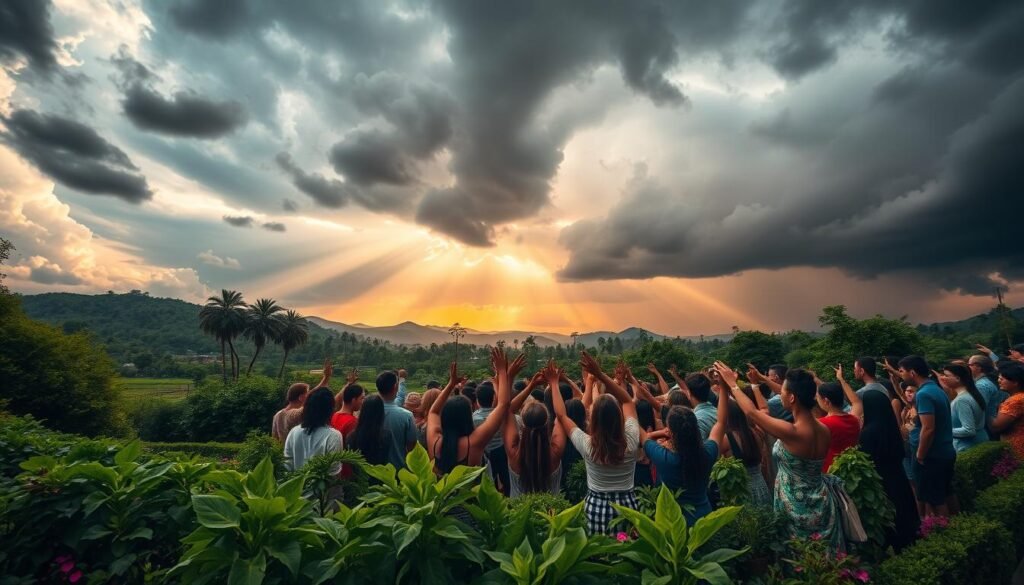 A vibrant panoramic landscape depicting environmental equity and climate justice. In the foreground, lush greenery and thriving flora symbolize a sustainable future. The middle ground showcases diverse communities coming together, their hands united in a gesture of solidarity. In the background, a dramatic sky with rays of warm light breaking through heavy storm clouds, representing the struggle for change and the hope of a brighter tomorrow. The scene is captured with a wide-angle lens, conveying a sense of unity and interconnectedness. The lighting is soft and diffused, creating an atmosphere of contemplation and social consciousness.