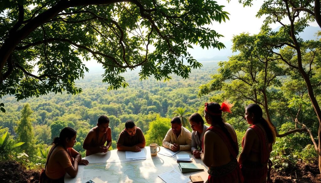 A vibrant panoramic landscape depicting the Amazon rainforest. In the foreground, a group of indigenous people, dressed in traditional attire, gather around a table covered in maps and documents, engaged in deep discussion. The middle ground reveals a lush canopy of verdant foliage, with sunlight filtering through the leaves, casting a warm glow over the scene. In the background, the silhouettes of towering trees and distant mountains create a sense of depth and grandeur. The lighting is soft and natural, capturing the essence of the rainforest environment. The overall atmosphere conveys a sense of determination, collaboration, and a steadfast commitment to the protection of the Amazon ecosystem. A vibrant panoramic landscape depicting the Amazon rainforest. In the foreground, a group of indigenous people, dressed in traditional attire, gather around a table covered in maps and documents, engaged in deep discussion. The middle ground reveals a lush canopy of verdant foliage, with sunlight filtering through the leaves, casting a warm glow over the scene. In the background, the silhouettes of towering trees and distant mountains create a sense of depth and grandeur. The lighting is soft and natural, capturing the essence of the rainforest environment. The overall atmosphere conveys a sense of determination, collaboration, and a steadfast commitment to the protection of the Amazon ecosystem.