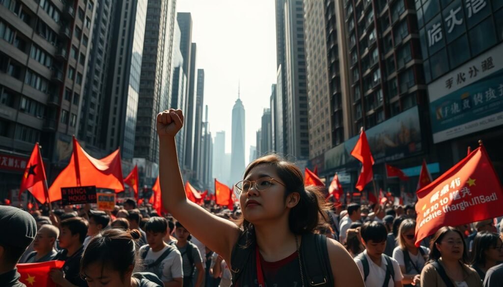 A vibrant street scene in Hong Kong, with protesters waving banners and flags amidst a backdrop of towering skyscrapers. In the foreground, a young activist stands resolute, fist raised high, as the crowd surrounds her. Dramatic lighting casts dynamic shadows, conveying the intensity of the democratic movement. The mid-ground is filled with the energy of the demonstration, with people chanting slogans and marching with purpose. In the distance, the iconic skyline of Hong Kong looms, a symbol of the city's economic might and the ongoing struggle for political freedoms. The overall composition captures the urgency and determination of the pro-democracy advocates, their voices echoing through the urban landscape.