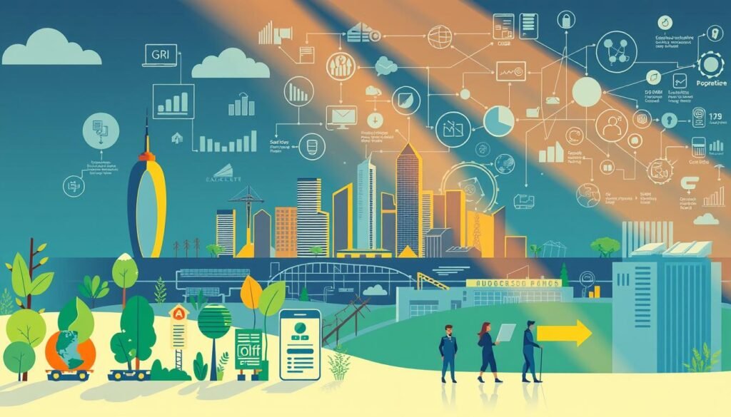 A vibrant, technical illustration showcasing the key ESG (Environmental, Social, and Governance) reporting frameworks and standards. In the foreground, a collection of stylized icons representing different ESG reporting guidelines such as GRI, SASB, TCFD, and IIRC. The middle ground features a sleek, modern cityscape with sustainable architecture, renewable energy sources, and a diverse workforce. In the background, a network of interconnected data visualizations and infographics highlighting the complexity and interconnectedness of ESG reporting. The overall scene is illuminated by warm, directional lighting that casts long shadows, creating a sense of depth and emphasis on the subject matter. The color palette is a harmonious blend of blues, greens, and grays, conveying a sense of professionalism and environmental responsibility.