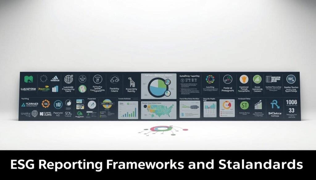 A visually striking, meticulously detailed image of "sustainability reporting frameworks" set against a minimalist, clean background. The foreground features an elegant, well-organized display of various sustainability reporting standards and guidelines, each represented by its distinct logo or icon, arranged in a symmetrical, balanced composition. The middle ground showcases a series of data visualizations, charts, and infographics that illustrate the key concepts and relationships between these frameworks. The background maintains a soft, neutral palette, allowing the informative elements to take center stage. The overall scene conveys a sense of professionalism, authority, and clarity, perfectly suited to illustrate the "ESG Reporting Frameworks and Standards" section of the article.