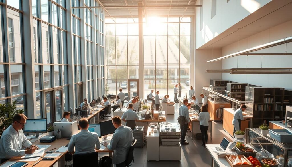 A well-equipped food labor research center situated in a modern, airy building with floor-to-ceiling windows. Sunlight streams in, casting a warm glow over the spacious interior. In the foreground, researchers pore over data and documents, engaged in deep discussions. The middle ground features a mix of desks, computer terminals, and collaborative workspaces, where teams analyze findings and brainstorm solutions. In the background, a state-of-the-art kitchen laboratory bustles with activity as chefs and nutritionists experiment with innovative recipes and food processing techniques. The overall atmosphere conveys a sense of purpose, innovation, and a commitment to understanding and improving the lives of food industry workers.
