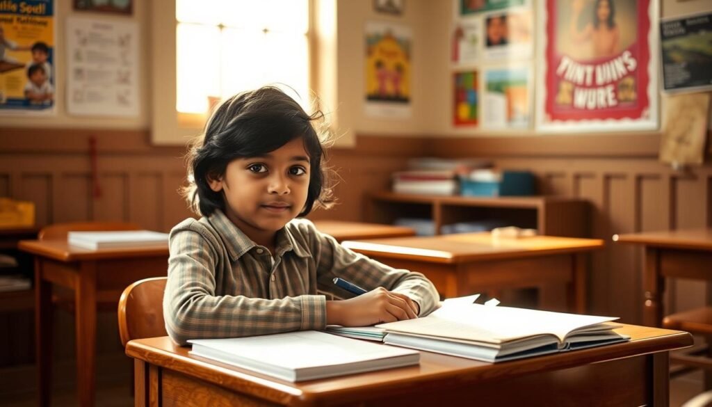 A young Saru Jayaraman, wearing a simple but thoughtful expression, sits at a wooden desk in a cozy, sun-dappled classroom. Soft natural light filters through the windows, illuminating the textbooks and papers scattered before her. The walls are adorned with colorful educational posters, hinting at her burgeoning intellectual curiosity. Saru's posture is upright, her gaze focused, as she diligently takes notes, already displaying the determination and drive that would shape her future as a champion of food justice and social equity.