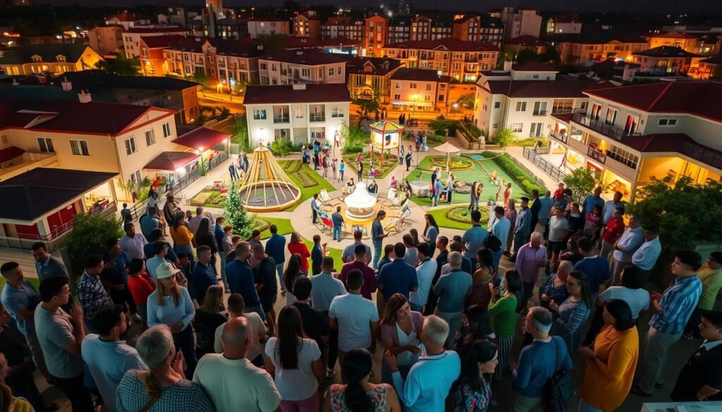 Community implementation strategies, a collaborative mosaic of diverse individuals coming together, united by a shared vision of inclusivity. A vibrant, well-lit setting with a central community hub, surrounded by residential areas, public spaces, and shared amenities. Warm lighting casts a welcoming glow, reflecting the spirit of togetherness. In the foreground, people of all ages and backgrounds engage in lively discussions, brainstorming ideas, and planning community initiatives. The middle ground features public art installations, community gardens, and recreational areas that foster interaction and a sense of belonging. In the background, a blend of modern and traditional architectural styles symbolizes the harmony of progress and tradition. An atmosphere of unity, empowerment, and a collective commitment to building an inclusive community.