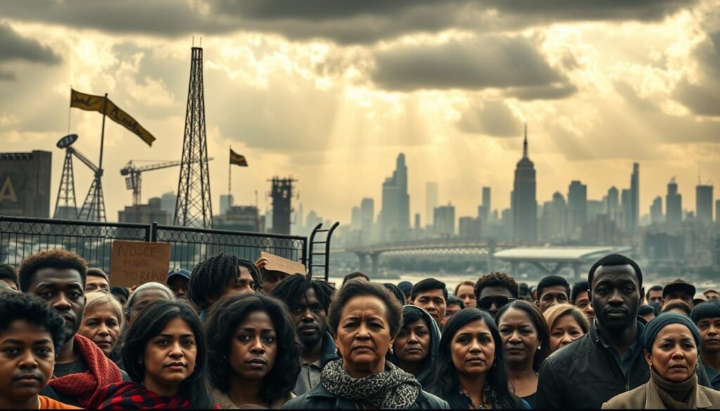 Contemporary social justice challenges, a powerful and thought-provoking image. In the foreground, diverse individuals stand united, their faces etched with determination, representing the diverse voices and experiences driving social change. The middle ground features symbols of systemic inequalities - towering barriers, restrictive policies, and discordant narratives. In the distant background, a city skyline reflects the complex, interconnected nature of these challenges, with shafts of sunlight piercing through the clouds, signifying the glimmer of hope for a more just and equitable future. The scene is rendered in a muted, documentary-style palette, conveying the gravity and complexity of the issues at hand. Cinematic lighting and a wide-angle perspective heighten the sense of scale and urgency, inviting the viewer to consider their role in addressing these contemporary social justice challenges.