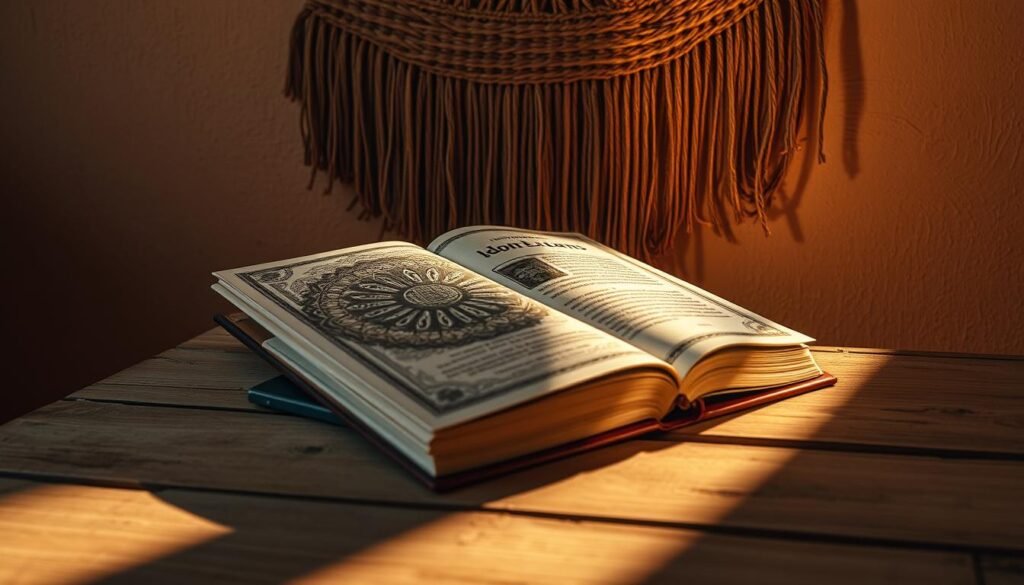 Detailed indigenous storybook resting on a weathered wooden table, bathed in warm, soft lighting. The book's cover features intricate indigenous-inspired artwork, symbolizing the power of storytelling as an act of cultural resistance. In the background, a wall-hanging made of woven natural materials adds texture and a sense of cultural heritage. Shadows cast by the book create a contemplative atmosphere, reflecting the book's role in preserving and sharing indigenous narratives. Detailed indigenous storybook resting on a weathered wooden table, bathed in warm, soft lighting. The book's cover features intricate indigenous-inspired artwork, symbolizing the power of storytelling as an act of cultural resistance. In the background, a wall-hanging made of woven natural materials adds texture and a sense of cultural heritage. Shadows cast by the book create a contemplative atmosphere, reflecting the book's role in preserving and sharing indigenous narratives.