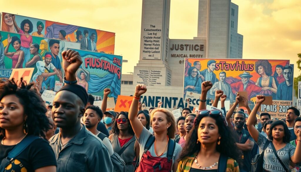 Modern social justice development, a vibrant tapestry of activism and progress. In the foreground, diverse individuals march with purpose, their faces alight with determination. Raised fists and signs convey messages of equality, justice, and human rights. In the middle ground, a towering monument symbolizes the foundations of social change, its base adorned with the names of pioneering activists. The background is a kaleidoscope of color, with murals and banners depicting the rich history of the movement. Warm, diffused lighting illuminates the scene, evoking a sense of hope and unity. Captured through a wide-angle lens, the image conveys the scope and momentum of the modern social justice landscape.
