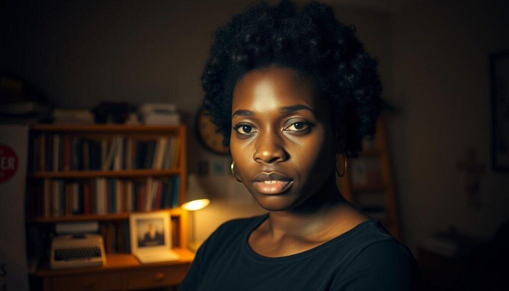 Tarana Burke, a young Black woman, standing in a dimly lit room, her face illuminated by soft, warm lighting. She has a determined expression, her gaze focused and unwavering. In the background, shelves of books and a desk with a typewriter suggest an academic or activist setting. The atmosphere is one of contemplation and the beginnings of a movement, capturing the essence of Tarana's early activism and her commitment to empowering marginalized communities.