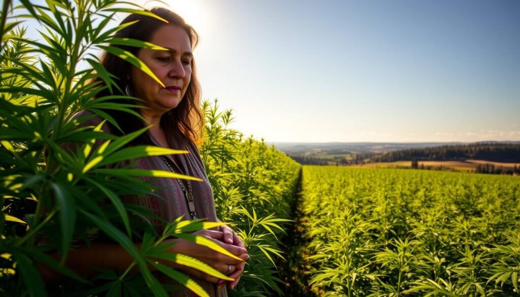 Winona LaDuke, a Native American environmental activist and hemp advocate, standing amidst a lush, verdant hemp field. The warm afternoon sunlight filters through the gently swaying plants, casting a golden glow over the scene. In the foreground, Winona's hands tenderly caress the broad leaves, conveying her deep connection to the sustainable agriculture she champions. The middle ground reveals rows of healthy hemp plants, their stalks reaching towards the sky, symbolizing the growth and potential of this renewable resource. In the background, a picturesque landscape of rolling hills and distant forests, representing the holistic vision of Winona's work to protect the land and empower indigenous communities.