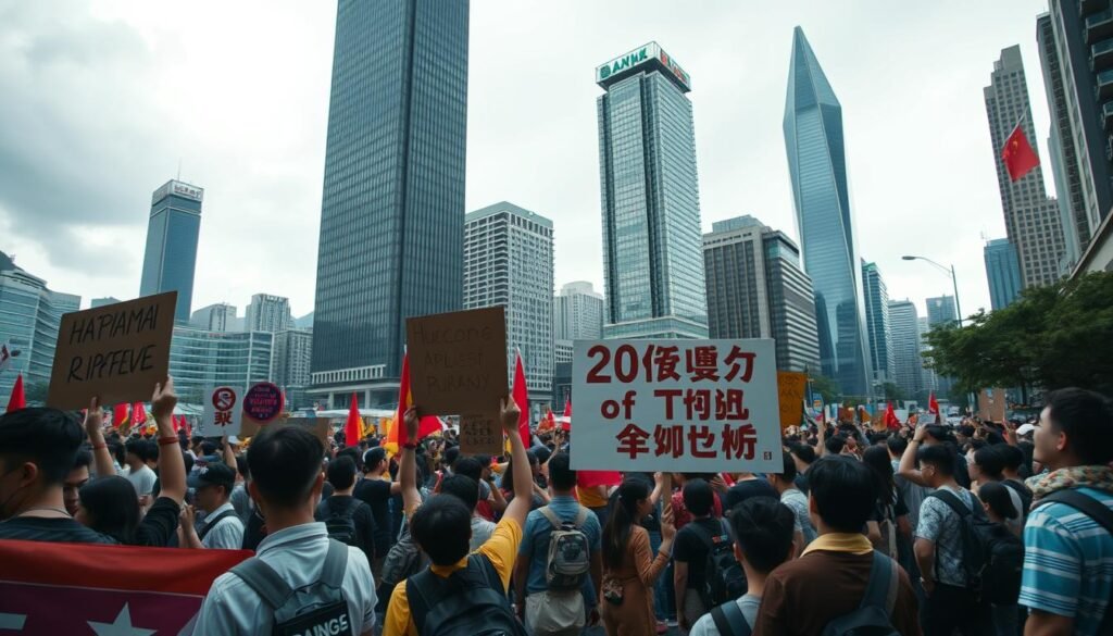 detailed cinematic shot of a public protest and human rights advocacy in Hong Kong, with protesters holding signs and banners in the foreground, a large crowd of people marching in the middle ground, and iconic buildings like skyscrapers and the Bank of China Tower visible in the background, set against an overcast sky with dramatic lighting, conveying a sense of unity, determination, and global attention on the human rights issues in the city detailed cinematic shot of a public protest and human rights advocacy in Hong Kong, with protesters holding signs and banners in the foreground, a large crowd of people marching in the middle ground, and iconic buildings like skyscrapers and the Bank of China Tower visible in the background, set against an overcast sky with dramatic lighting, conveying a sense of unity, determination, and global attention on the human rights issues in the city