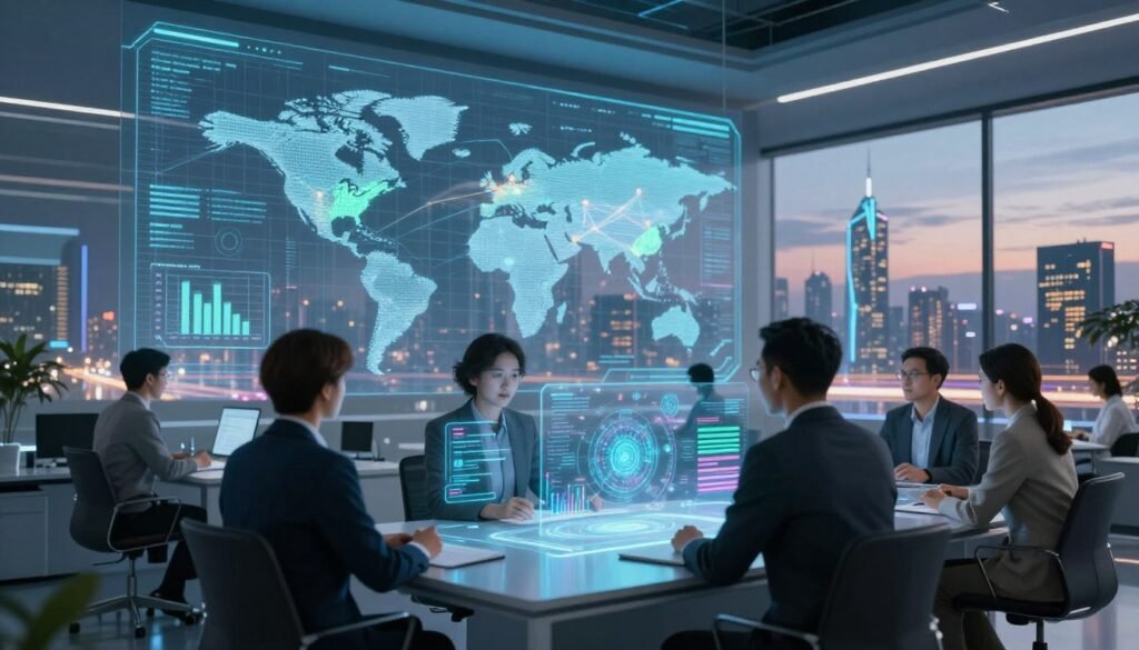 A futuristic office environment with sleek, modern design elements. In the foreground, a diverse group of professionals in business attire are engaged around a holographic interface, collaborating on a seamless integration project, with vibrant data streams and graphs floating around them. In the middle ground, an expansive digital display showcases a world map dotted with interconnected nodes representing various technologies and platforms. The background features a panoramic view of a high-tech cityscape with glowing skyscrapers under a twilight sky, with flowing light trails suggesting rapid deployment and connectivity. Soft blue and green lighting creates a calm, innovative atmosphere, while a low angle captures the professionalism and dynamism of the scene, emphasizing the potential of AI-driven business solutions. A futuristic office environment with sleek, modern design elements. In the foreground, a diverse group of professionals in business attire are engaged around a holographic interface, collaborating on a seamless integration project, with vibrant data streams and graphs floating around them. In the middle ground, an expansive digital display showcases a world map dotted with interconnected nodes representing various technologies and platforms. The background features a panoramic view of a high-tech cityscape with glowing skyscrapers under a twilight sky, with flowing light trails suggesting rapid deployment and connectivity. Soft blue and green lighting creates a calm, innovative atmosphere, while a low angle captures the professionalism and dynamism of the scene, emphasizing the potential of AI-driven business solutions.