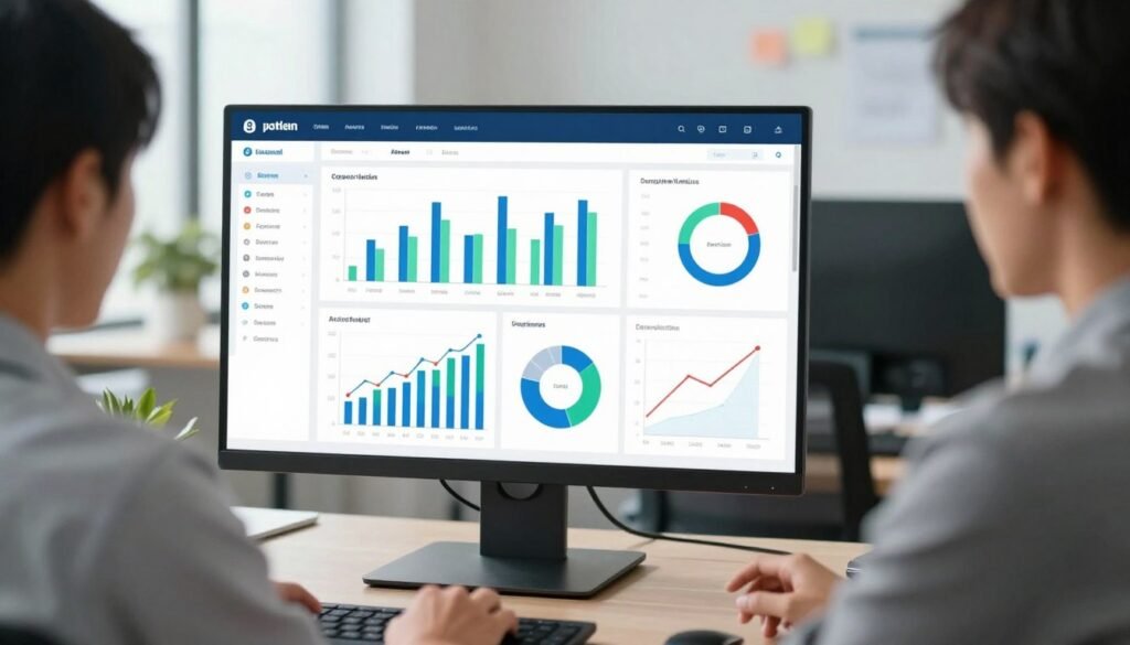 A modern, advanced reporting dashboard displayed on a sleek computer screen, showcasing colorful graphs, charts, and real-time analytics in an office setting. In the foreground, a user in professional business attire is analyzing the data, with a focused expression. The middle section highlights the dashboard's features: bar graphs, pie charts, and trend lines in vibrant hues of blue, green, and red. The background reveals a contemporary office environment with soft lighting, bright windows, and minimalistic decor, creating a motivated and productive atmosphere. The image is captured from a slightly elevated angle, emphasizing the dashboard’s details and the user's engagement with the data, suggesting growth and insights for team productivity. A modern, advanced reporting dashboard displayed on a sleek computer screen, showcasing colorful graphs, charts, and real-time analytics in an office setting. In the foreground, a user in professional business attire is analyzing the data, with a focused expression. The middle section highlights the dashboard's features: bar graphs, pie charts, and trend lines in vibrant hues of blue, green, and red. The background reveals a contemporary office environment with soft lighting, bright windows, and minimalistic decor, creating a motivated and productive atmosphere. The image is captured from a slightly elevated angle, emphasizing the dashboard’s details and the user's engagement with the data, suggesting growth and insights for team productivity.