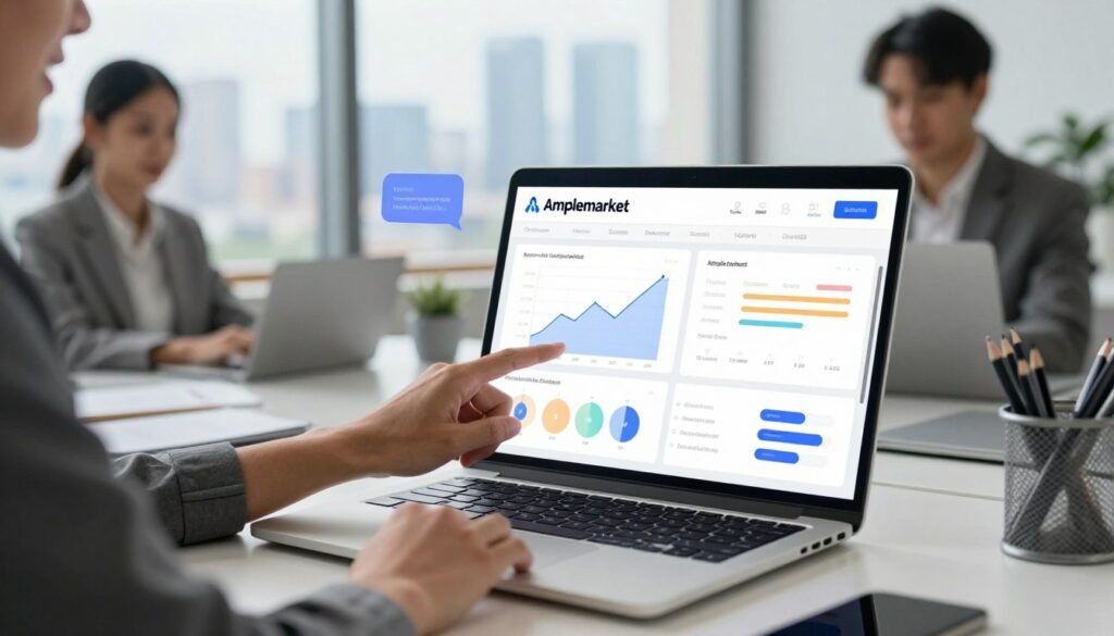 A modern and dynamic sales platform interface displayed on a sleek laptop, set on a professional office desk. In the foreground, a confident sales team member in business attire gestures towards the screen, highlighting key metrics and advantages of Amplemarket. The middle ground captures elements like graphs, charts, and interaction bubbles demonstrating automated outreach and engagement. In the background, a bright office environment with natural light streaming through large windows, showcasing a city skyline, creating an atmosphere of productivity and innovation. The scene conveys a sense of collaboration and efficiency, emphasizing the empowering benefits of the sales platform. The image should have vibrant colors, with a sharp focus on the laptop screen and a soft blur effect on the background, creating an engaging, inspiring mood. A modern and dynamic sales platform interface displayed on a sleek laptop, set on a professional office desk. In the foreground, a confident sales team member in business attire gestures towards the screen, highlighting key metrics and advantages of Amplemarket. The middle ground captures elements like graphs, charts, and interaction bubbles demonstrating automated outreach and engagement. In the background, a bright office environment with natural light streaming through large windows, showcasing a city skyline, creating an atmosphere of productivity and innovation. The scene conveys a sense of collaboration and efficiency, emphasizing the empowering benefits of the sales platform. The image should have vibrant colors, with a sharp focus on the laptop screen and a soft blur effect on the background, creating an engaging, inspiring mood.