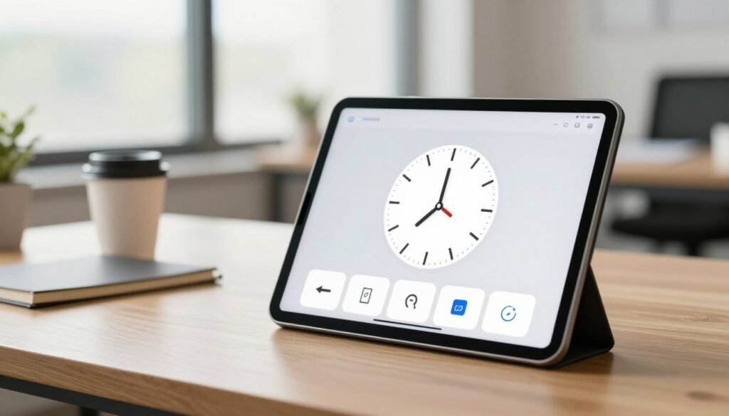 A sleek, intuitive time clock interface displayed on a modern touchscreen tablet, set on a minimalist wooden desk. In the foreground, the tablet shows a visually engaging clock graphic with clear, large buttons and simple icons for punch in/out options. The middle ground features a subtle reflection of office elements, like a coffee cup and a notepad, suggesting a vibrant work environment. The background showcases a softly blurred office space with bright, natural lighting streaming in from a large window, creating a warm and inviting atmosphere. The overall mood conveys ease of use and professionalism, emphasizing a user-friendly experience for both employees and managers. A sleek, intuitive time clock interface displayed on a modern touchscreen tablet, set on a minimalist wooden desk. In the foreground, the tablet shows a visually engaging clock graphic with clear, large buttons and simple icons for punch in/out options. The middle ground features a subtle reflection of office elements, like a coffee cup and a notepad, suggesting a vibrant work environment. The background showcases a softly blurred office space with bright, natural lighting streaming in from a large window, creating a warm and inviting atmosphere. The overall mood conveys ease of use and professionalism, emphasizing a user-friendly experience for both employees and managers.