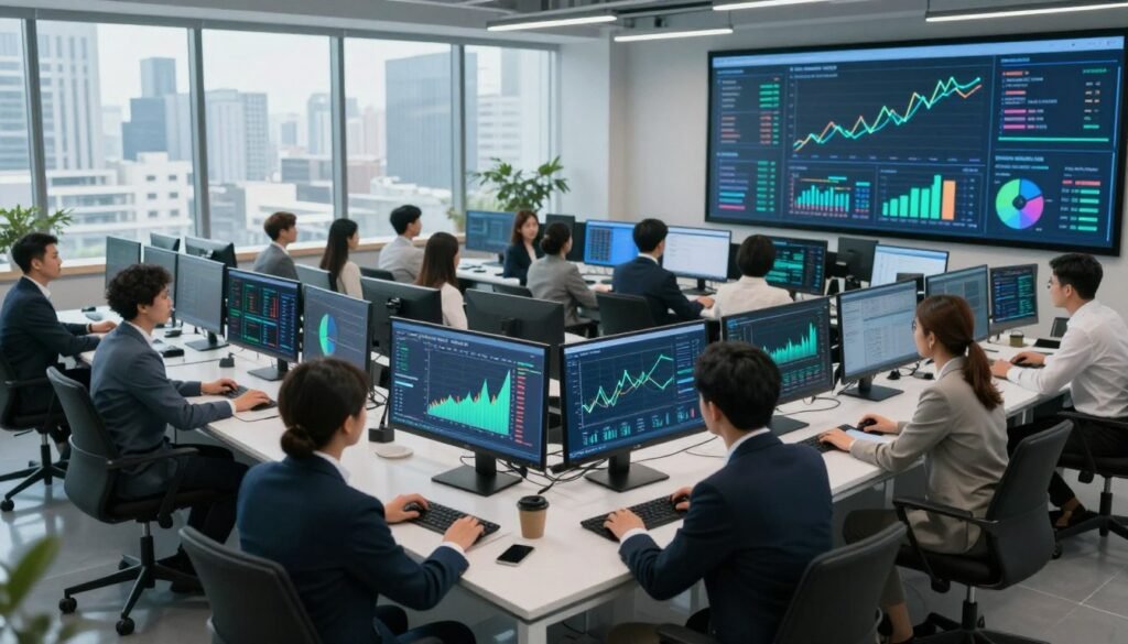 A sleek, modern office environment illustrates a high-tech data monitoring center. In the foreground, a diverse group of professionals in business attire analyzes real-time graphs and charts displaying buying intent signals on large digital screens. Ethnic and gender diversity is emphasized among the individuals, who are engaged and focused on their tasks. In the middle ground, an array of transparent screens showcases colorful data visualizations, including fluctuating line graphs and pie charts, with a blue and green color palette conveying a sense of analytics and technology. The background features a panoramic view of a bustling cityscape through large windows, filled with natural light pouring in. The atmosphere is dynamic and energetic, with a sense of urgency and innovation, captured using a wide-angle lens to emphasize the scale and complexity of the scene. A sleek, modern office environment illustrates a high-tech data monitoring center. In the foreground, a diverse group of professionals in business attire analyzes real-time graphs and charts displaying buying intent signals on large digital screens. Ethnic and gender diversity is emphasized among the individuals, who are engaged and focused on their tasks. In the middle ground, an array of transparent screens showcases colorful data visualizations, including fluctuating line graphs and pie charts, with a blue and green color palette conveying a sense of analytics and technology. The background features a panoramic view of a bustling cityscape through large windows, filled with natural light pouring in. The atmosphere is dynamic and energetic, with a sense of urgency and innovation, captured using a wide-angle lens to emphasize the scale and complexity of the scene.