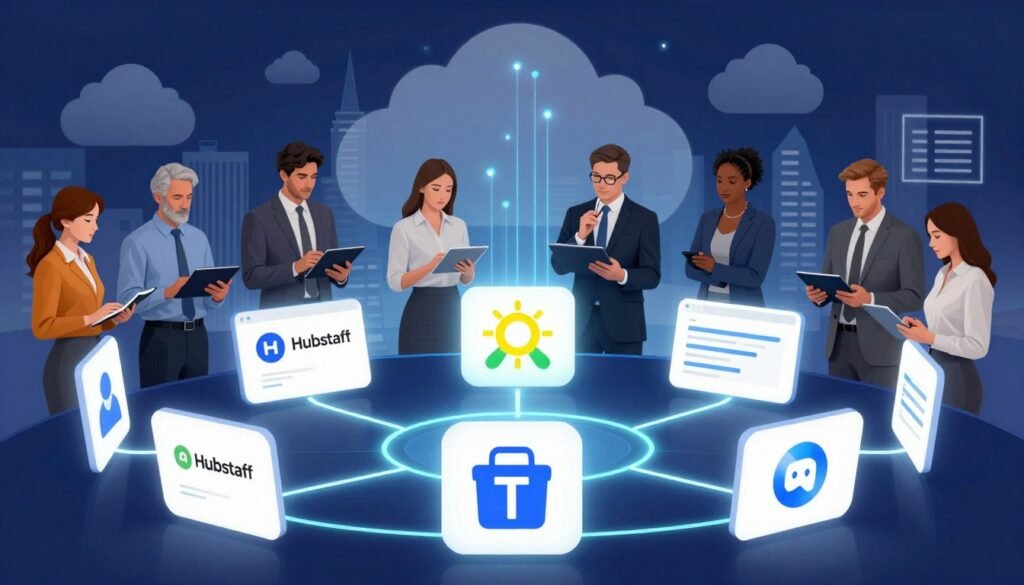 A vibrant and dynamic software integration ecosystem illustration, showcasing various interconnected applications and tools symbolizing productivity and time tracking. In the foreground, modern digital icons representing platforms like Hubstaff, Asana, and Trello, displayed as sleek app logos interconnected by glowing lines. The middle layer features a diverse group of professionals in business attire discussing and analyzing data on tablets, conveying collaboration and synergy. In the background, a stylized cityscape with abstract cloud shapes and data streams representing the tech-driven environment, illuminated by soft, ambient lighting. The overall mood is innovative and inspiring, capturing the essence of teamwork and efficiency in a digital workspace. A vibrant and dynamic software integration ecosystem illustration, showcasing various interconnected applications and tools symbolizing productivity and time tracking. In the foreground, modern digital icons representing platforms like Hubstaff, Asana, and Trello, displayed as sleek app logos interconnected by glowing lines. The middle layer features a diverse group of professionals in business attire discussing and analyzing data on tablets, conveying collaboration and synergy. In the background, a stylized cityscape with abstract cloud shapes and data streams representing the tech-driven environment, illuminated by soft, ambient lighting. The overall mood is innovative and inspiring, capturing the essence of teamwork and efficiency in a digital workspace.