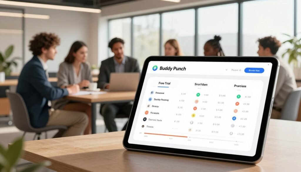 A visually appealing illustration of a modern office space showcasing Buddy Punch's free trial and pricing plans. In the foreground, a sleek, digital tablet displays a user-friendly interface of the Buddy Punch software, highlighting its key features and pricing tiers. In the middle, a diverse group of professional individuals in business attire is engaging in a productive discussion, analyzing the tablet together. They embody inclusivity, with a mix of genders and ethnicities. In the background, a stylish office environment with large windows letting in warm, natural light enhances the mood. The atmosphere is optimistic and collaborative, with modern furniture and potted plants adding to the professional aesthetic. The focus is on clarity and simplicity, emphasizing the ease of getting started with the software. A visually appealing illustration of a modern office space showcasing Buddy Punch's free trial and pricing plans. In the foreground, a sleek, digital tablet displays a user-friendly interface of the Buddy Punch software, highlighting its key features and pricing tiers. In the middle, a diverse group of professional individuals in business attire is engaging in a productive discussion, analyzing the tablet together. They embody inclusivity, with a mix of genders and ethnicities. In the background, a stylish office environment with large windows letting in warm, natural light enhances the mood. The atmosphere is optimistic and collaborative, with modern furniture and potted plants adding to the professional aesthetic. The focus is on clarity and simplicity, emphasizing the ease of getting started with the software.
