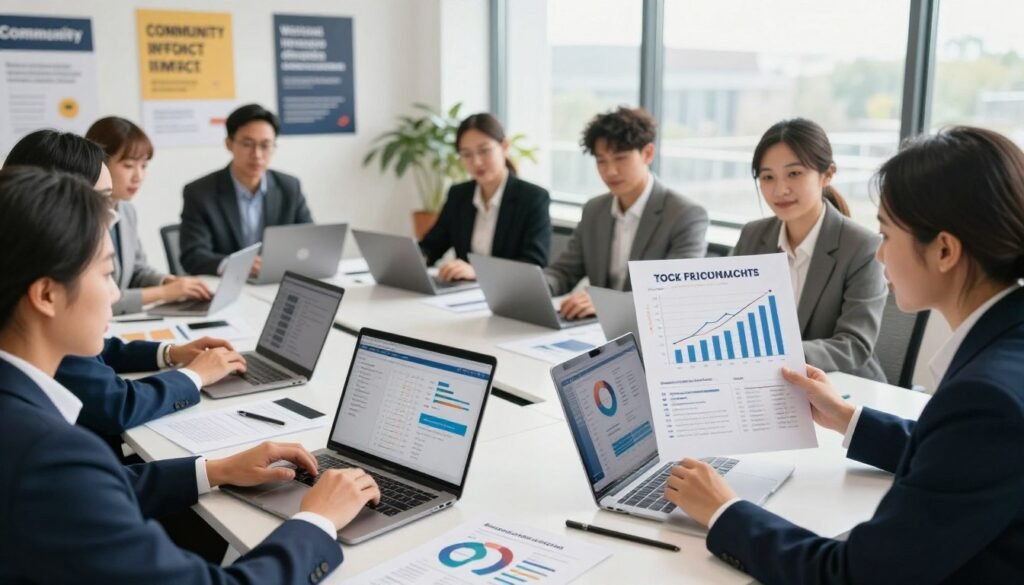 A diverse group of professional individuals in business attire collaborates around a large, modern table filled with digital devices and fundraising materials. The foreground features a woman enthusiastically presenting a detailed chart illustrating successful fundraising growth. In the middle, colleagues are engaged in discussion, with laptops open displaying graphs and donor information. The background showcases a bright, airy office environment with motivational posters on the walls about community impact and innovation. Natural light streams through large windows, creating a warm and inspiring atmosphere. The composition emphasizes teamwork and the amplification of financial contributions, evoking a sense of empowerment and collaboration. Use a wide-angle lens to capture the dynamic interaction and energy of the scene. A diverse group of professional individuals in business attire collaborates around a large, modern table filled with digital devices and fundraising materials. The foreground features a woman enthusiastically presenting a detailed chart illustrating successful fundraising growth. In the middle, colleagues are engaged in discussion, with laptops open displaying graphs and donor information. The background showcases a bright, airy office environment with motivational posters on the walls about community impact and innovation. Natural light streams through large windows, creating a warm and inspiring atmosphere. The composition emphasizes teamwork and the amplification of financial contributions, evoking a sense of empowerment and collaboration. Use a wide-angle lens to capture the dynamic interaction and energy of the scene.
