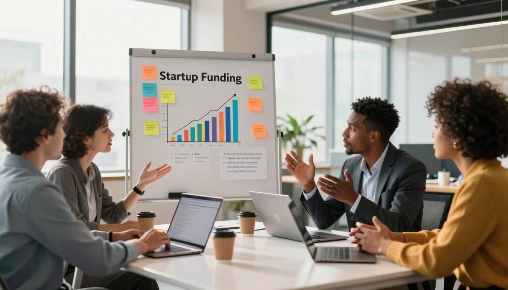 A dynamic scene showcasing diverse professionals engaged in a vibrant discussion about startup funding, representing user testimonials and reviews for Expert Angels Partners. In the foreground, a diverse group of individuals in professional business attire—two men and one woman—are animatedly sharing experiences, seated around a sleek modern table with laptops and coffee cups. The middle layer features a whiteboard filled with colorful graphs and post-it notes illustrating positive feedback and growth metrics. Behind them, a bright, contemporary office space with large windows allowing natural light to pour in, creating an inviting atmosphere. The lighting is warm and inviting, enhancing the essence of collaboration and trust. The image conveys a sense of optimism and professionalism, reflecting the positive impact of Angels Partners on startups. A dynamic scene showcasing diverse professionals engaged in a vibrant discussion about startup funding, representing user testimonials and reviews for Expert Angels Partners. In the foreground, a diverse group of individuals in professional business attire—two men and one woman—are animatedly sharing experiences, seated around a sleek modern table with laptops and coffee cups. The middle layer features a whiteboard filled with colorful graphs and post-it notes illustrating positive feedback and growth metrics. Behind them, a bright, contemporary office space with large windows allowing natural light to pour in, creating an inviting atmosphere. The lighting is warm and inviting, enhancing the essence of collaboration and trust. The image conveys a sense of optimism and professionalism, reflecting the positive impact of Angels Partners on startups.