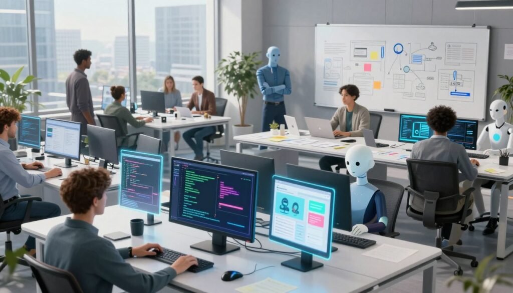 A futuristic office space bustling with AI agents collaborating on no-code development projects. In the foreground, a sleek digital workspace features holographic screens displaying colorful code and app designs, with diverse AI avatars, both humanoid and abstract, engaged in discussions. The middle layer includes a large table filled with gadgets and brainstorming notes, while a whiteboard showcases concepts and diagrams. The background hints at a modern cityscape through large glass windows, with soft natural lighting illuminating the scene. Shot from a slightly elevated angle to capture the dynamic atmosphere, this image conveys a sense of innovation, collaboration, and excitement in the realm of emergent AI technology. The overall mood is inspiring and forward-looking. A futuristic office space bustling with AI agents collaborating on no-code development projects. In the foreground, a sleek digital workspace features holographic screens displaying colorful code and app designs, with diverse AI avatars, both humanoid and abstract, engaged in discussions. The middle layer includes a large table filled with gadgets and brainstorming notes, while a whiteboard showcases concepts and diagrams. The background hints at a modern cityscape through large glass windows, with soft natural lighting illuminating the scene. Shot from a slightly elevated angle to capture the dynamic atmosphere, this image conveys a sense of innovation, collaboration, and excitement in the realm of emergent AI technology. The overall mood is inspiring and forward-looking.