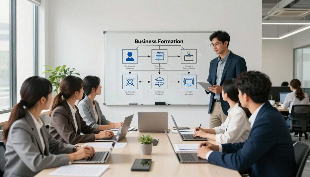 A modern corporate workspace showcasing the key features of a streamlined business formation process. In the foreground, a diverse group of professionals in smart business attire collaborate around a table filled with documents, laptops, and digital devices. The middle ground features a whiteboard displaying a flowchart illustrating the steps of business formation, along with visual icons representing key features like simplicity, efficiency, and support. The background reveals a bright and spacious office with large windows letting in natural light, casting soft shadows. The mood is focused and energetic, conveying a sense of teamwork and innovative spirit. Use a wide-angle lens to capture the collaborative environment, enhancing the sense of openness and professional atmosphere. A modern corporate workspace showcasing the key features of a streamlined business formation process. In the foreground, a diverse group of professionals in smart business attire collaborate around a table filled with documents, laptops, and digital devices. The middle ground features a whiteboard displaying a flowchart illustrating the steps of business formation, along with visual icons representing key features like simplicity, efficiency, and support. The background reveals a bright and spacious office with large windows letting in natural light, casting soft shadows. The mood is focused and energetic, conveying a sense of teamwork and innovative spirit. Use a wide-angle lens to capture the collaborative environment, enhancing the sense of openness and professional atmosphere.