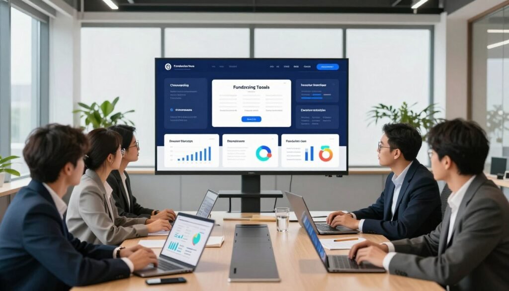 A modern fundraising tools platform scene, featuring a sleek user interface displayed on multiple screens in a bright, open office space. In the foreground, a diverse group of professionals in business attire discusses strategies over a conference table filled with laptops and digital tablets showcasing charts and graphs related to fundraising. In the middle, a large digital screen displays dynamic infographics illustrating key fundraising metrics and tools like crowdfunding, investor matching, and donation management. In the background, large windows allow natural light to flood the space, enhancing the collaborative atmosphere, with green plants adding a touch of warmth. The overall mood is one of innovation and collaboration, perfect for highlighting modern fundraising practices. A modern fundraising tools platform scene, featuring a sleek user interface displayed on multiple screens in a bright, open office space. In the foreground, a diverse group of professionals in business attire discusses strategies over a conference table filled with laptops and digital tablets showcasing charts and graphs related to fundraising. In the middle, a large digital screen displays dynamic infographics illustrating key fundraising metrics and tools like crowdfunding, investor matching, and donation management. In the background, large windows allow natural light to flood the space, enhancing the collaborative atmosphere, with green plants adding a touch of warmth. The overall mood is one of innovation and collaboration, perfect for highlighting modern fundraising practices.