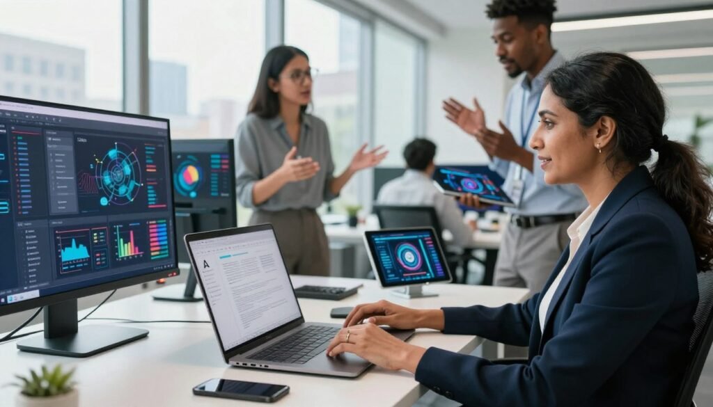 A modern office setting featuring a diverse group of professionals engaged in collaborative work using AI content creation tools. In the foreground, a middle-aged South Asian woman in smart business attire sits at a sleek desk, focused on her laptop screen displaying a presentation. Beside her, a young Black man gestures enthusiastically while holding a tablet, showcasing AI-generated visuals. In the middle ground, a Hispanic woman wearing glasses discusses ideas with a colleague, surrounded by digital screens showing vibrant infographics and data analytics. The background reveals large windows with a cityscape view, bright natural light streaming in to create an energetic atmosphere. Capture this scene with a medium-angle shot, ensuring clarity and detail, conveying a sense of innovation and professionalism. A modern office setting featuring a diverse group of professionals engaged in collaborative work using AI content creation tools. In the foreground, a middle-aged South Asian woman in smart business attire sits at a sleek desk, focused on her laptop screen displaying a presentation. Beside her, a young Black man gestures enthusiastically while holding a tablet, showcasing AI-generated visuals. In the middle ground, a Hispanic woman wearing glasses discusses ideas with a colleague, surrounded by digital screens showing vibrant infographics and data analytics. The background reveals large windows with a cityscape view, bright natural light streaming in to create an energetic atmosphere. Capture this scene with a medium-angle shot, ensuring clarity and detail, conveying a sense of innovation and professionalism.
